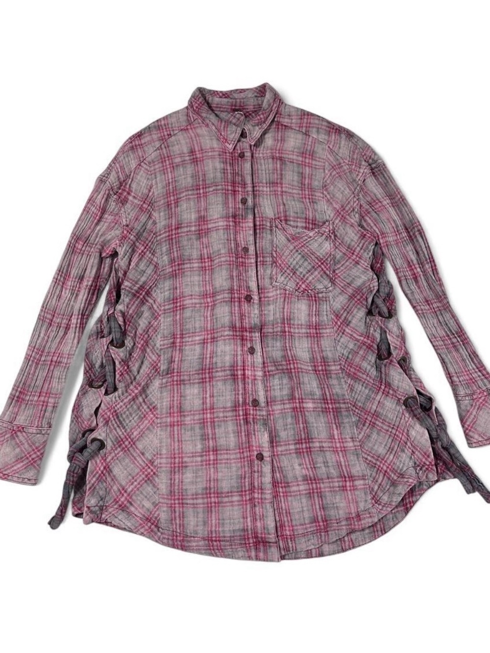Free People Nordic Night Side Lace Up Plaid Gauze Shirt XS